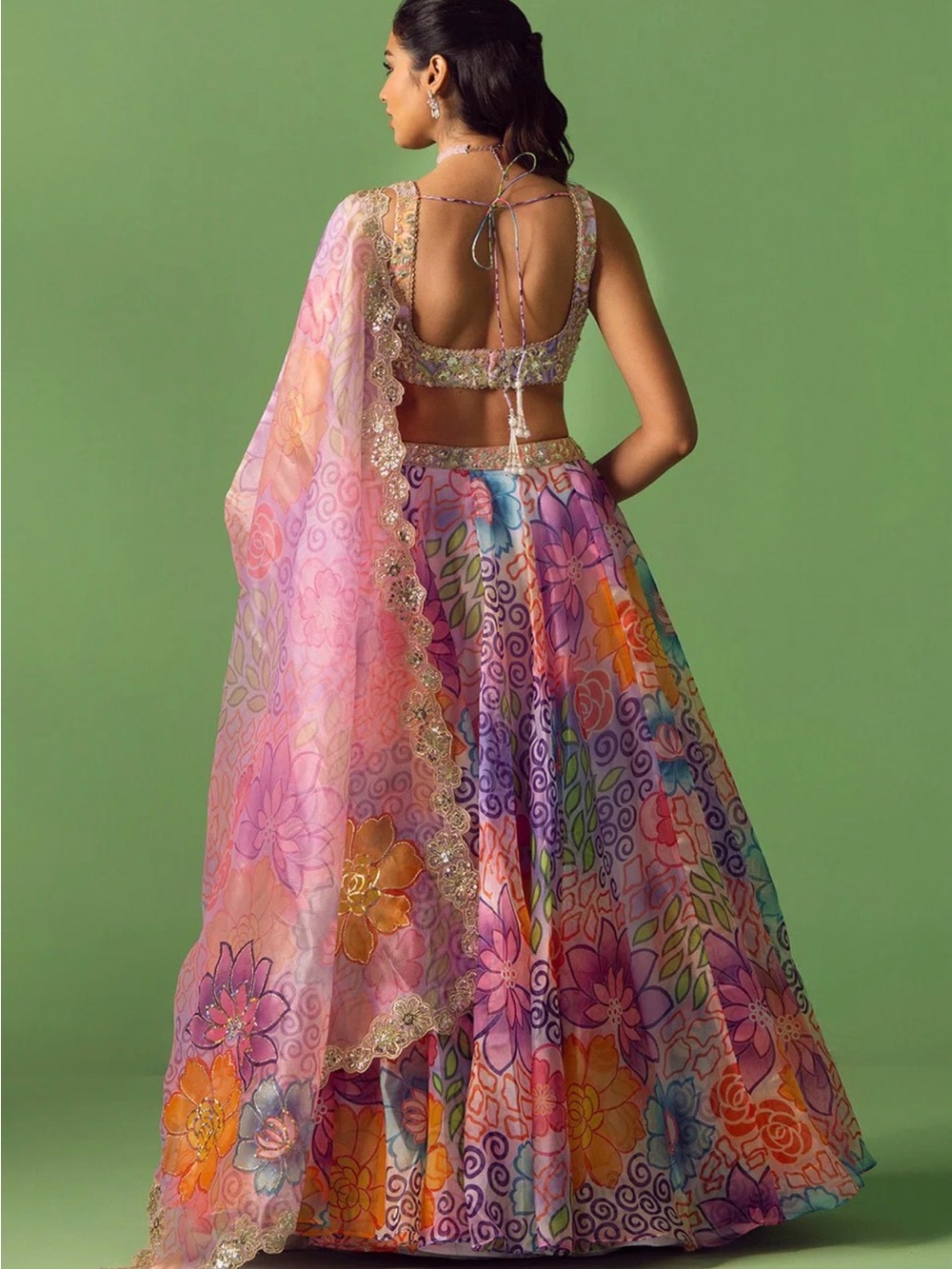 Floral Multi-Color Printed Lehenga Skirt + Top w/ shawl - Picture 2 of 5